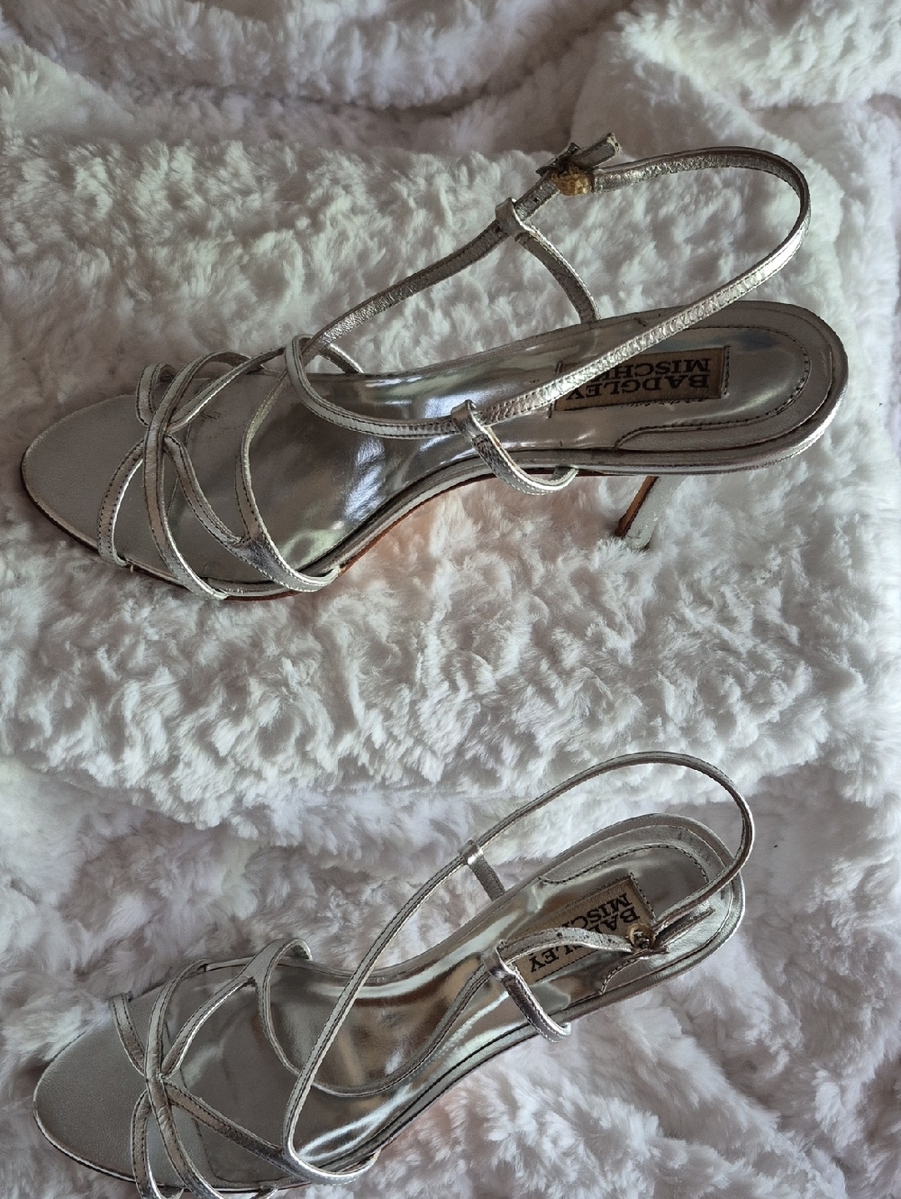 🎈Badgley Mischka Metallic Silver Strappy Slingback Heels